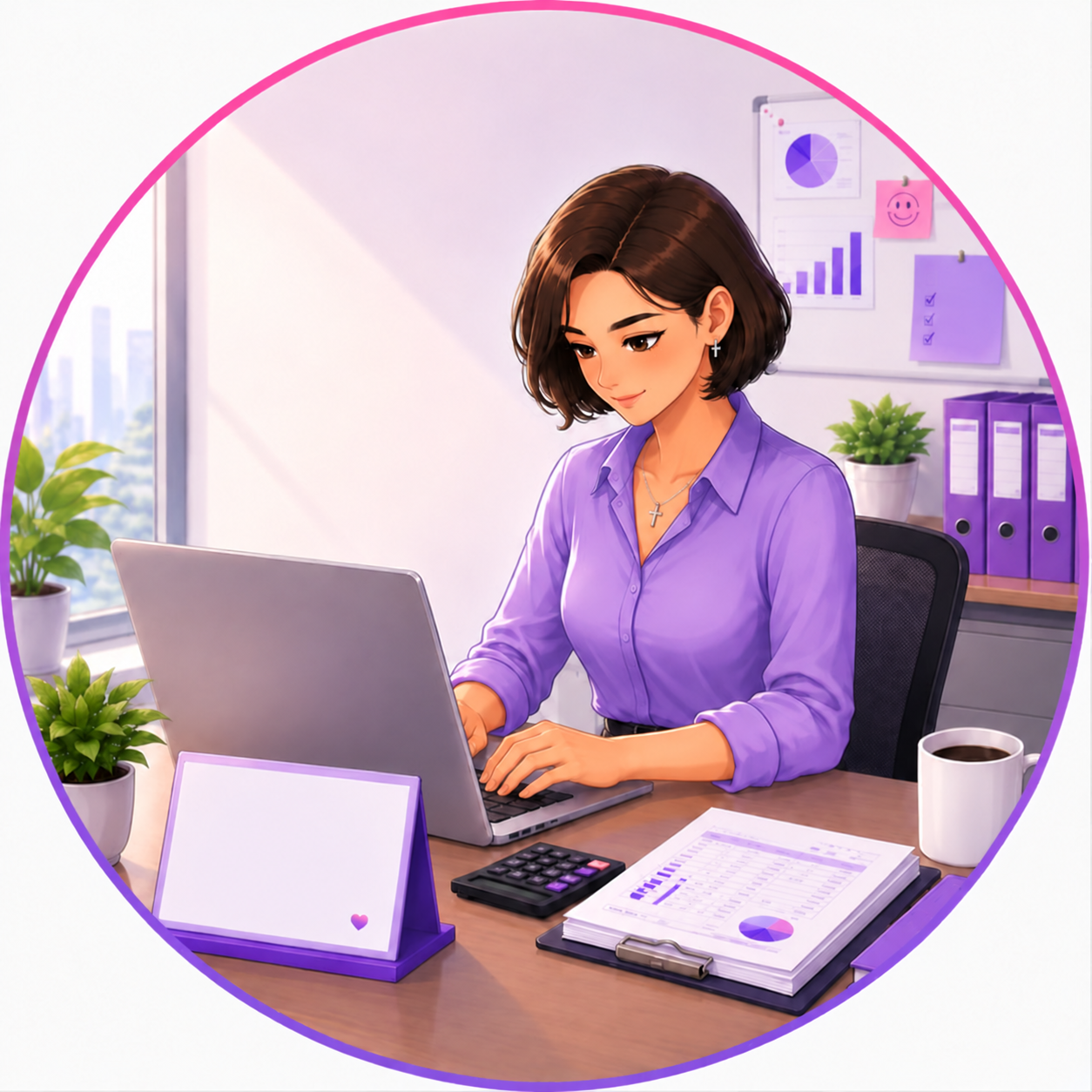 An analyst working on reports in a purple office